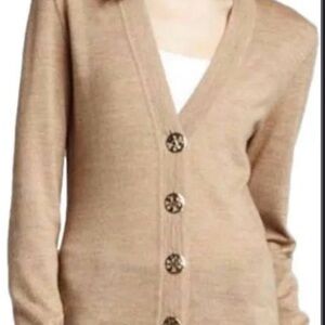 Tory Burch size Small Classic V-Neck Button Front Sweater Cardigan - Camel